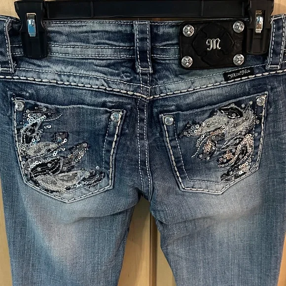 Miss Me Low Rise Boot Cut Jeans with Silver Sequin Detail - Picture 1 of 7